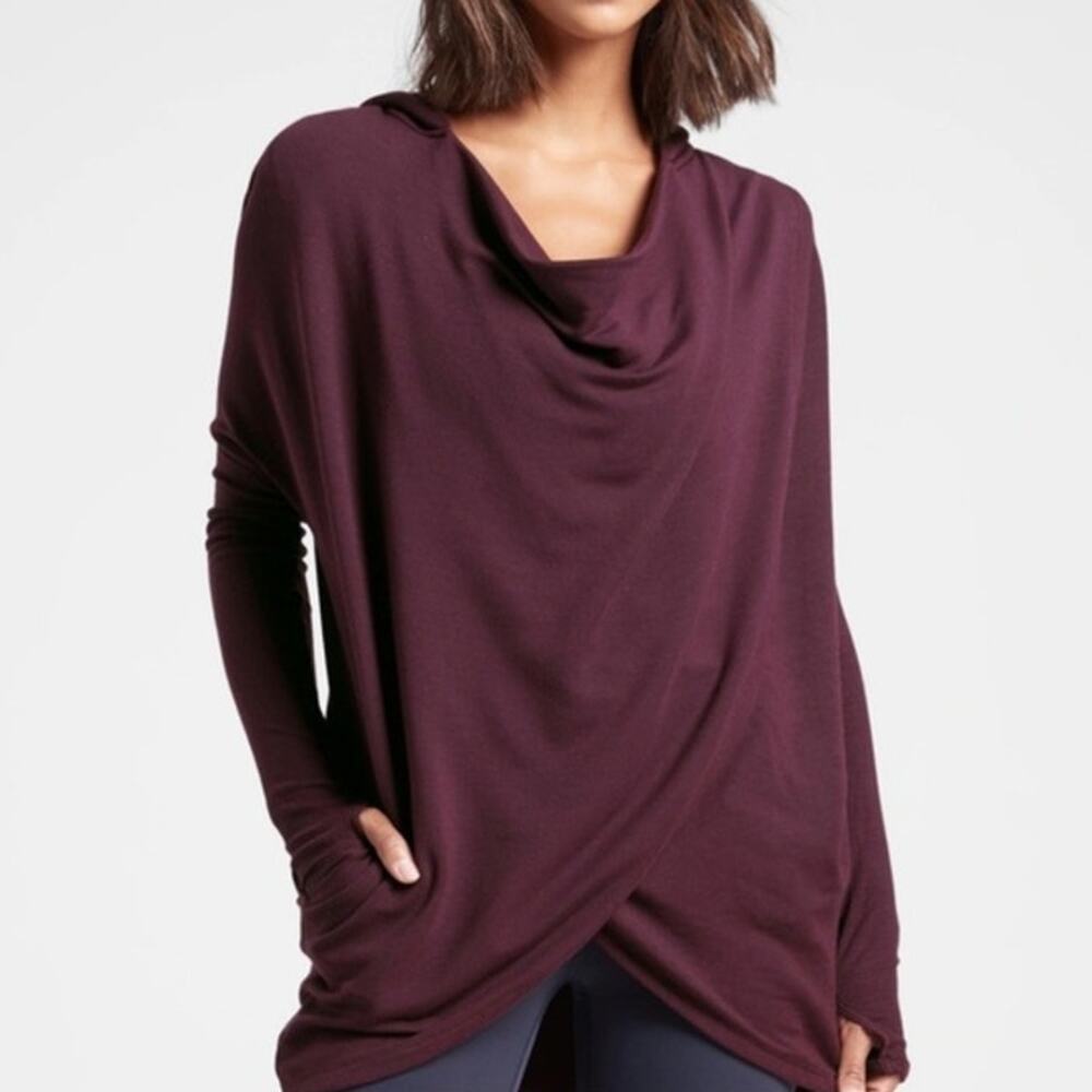 Athleta Burgundy Purana wrap hoodie tunic soft modal blend cozy long fit size s